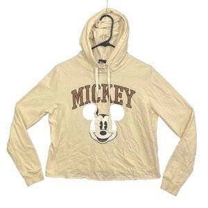 Women’s VTG Disney Hoodie Cropped Mickey Mouse Cream Sz XSmall Cotton‎ Blend